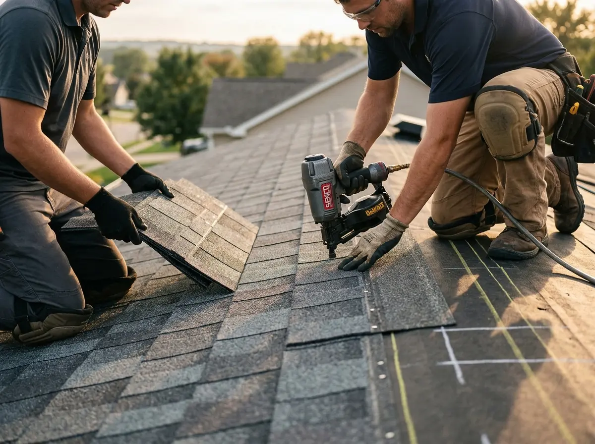 Professional roofer working on a residential roof in River Edge